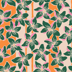 Trendy floral seamless pattern with vertical stripes. Modern flowers print design for fabric, textiles, clothing, packaging, cover, banner, home decor and backgrounds. Vector illustrations.