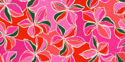 Exotic hand drawn flowers, seamless patterns with floral for fabric, textiles, clothing, packaging, cover, banner, wallpaper, home decor. Abstract natural pink backgrounds.