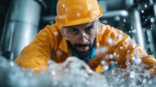 A determined worker in a bright orange suit navigates challenging conditions, showcasing resilience and courage while dealing with water elements in an industrial setting.
