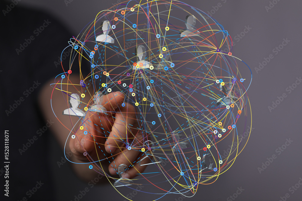 Aufkleber Abstract image of a hand interacting with a digital network sphere. Represents global connection, communication, and networking.