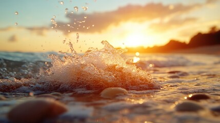 This calming image portrays gentle waves splashing at sunset, capturing the beauty of nature and tranquility, inviting viewers to experience peace and reflection by the ocean.