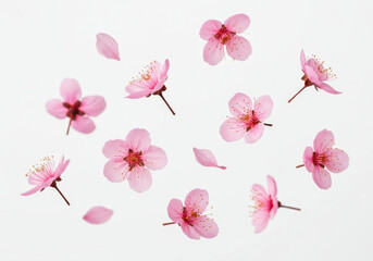 Pink flowers blooming and falling, isolated on white background.