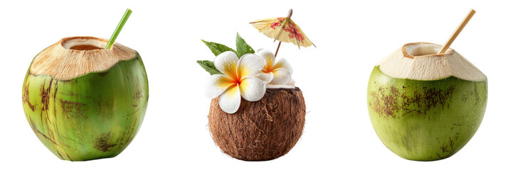 Summer Green and Brown Coconuts Drinks with Straws and Flowers Tropical Vibes Transparent Background