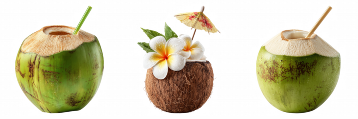 Summer Green and Brown Coconuts Drinks with Straws and Flowers Tropical Vibes Transparent Background
