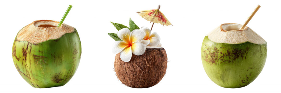 Fototapeta Summer Green and Brown Coconuts Drinks with Straws and Flowers Tropical Vibes Transparent Background