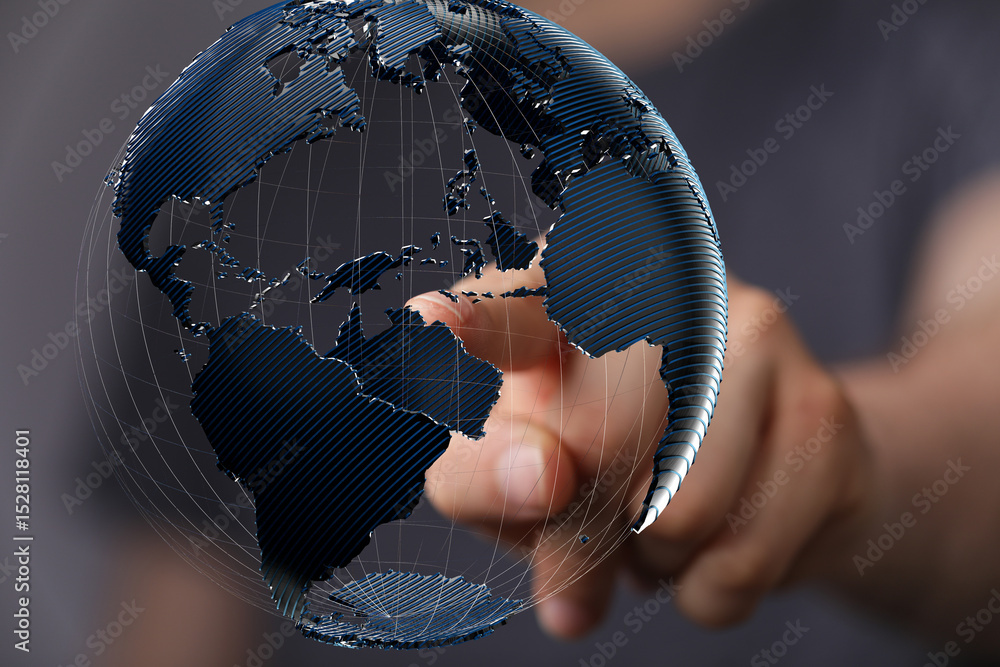 Poster high-quality stock photo of a hand interacting with a digital 3d earth, representing global connecti