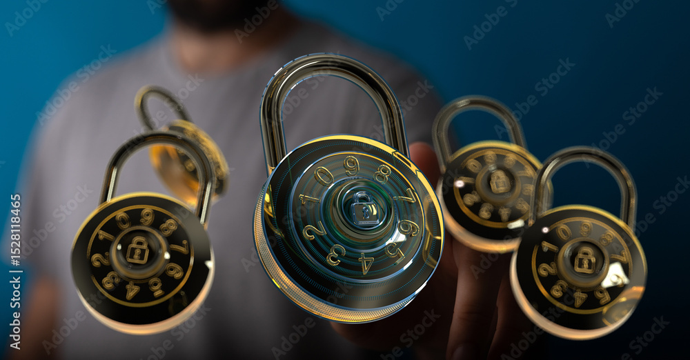 Aufkleber Image of multiple combination locks floating, symbolizing digital security and data protection.