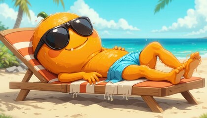 A cartoon orange resting on a beach lounger with sunglasses