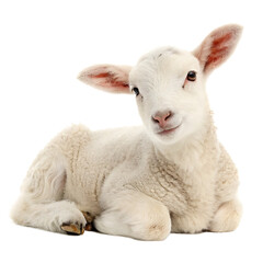 Fototapeta premium Sweet little farm animal lamb lying down isolated on a transparent background