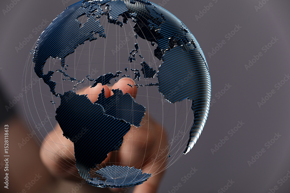 Leinwandbilder Abstract image of a hand interacting with a digital 3D model of the Earth, symbolizing global connectivity and networking.