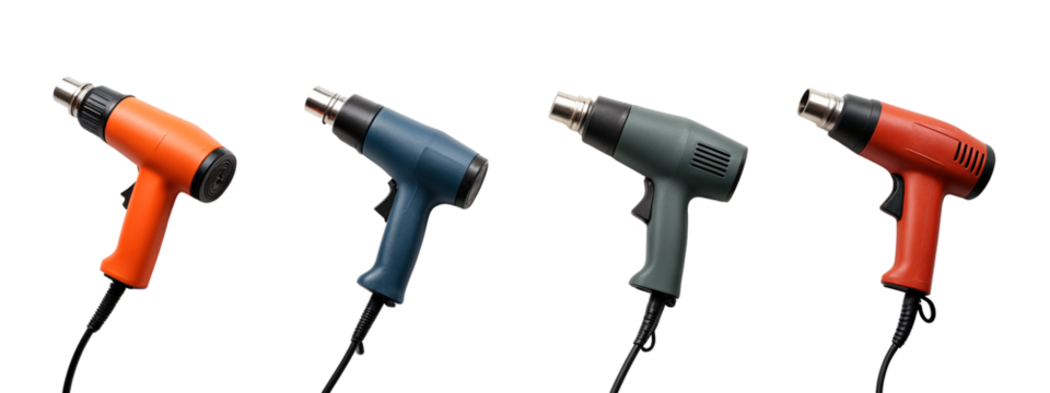 A row of three different colored hot air guns