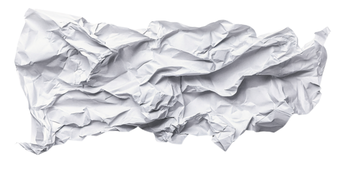Crumpled white paper texture on black background, showing stress, failure, and recycling concept Abstract image of discarded paper ball