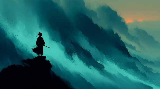 Samurai standing on the edge of the cliff against the background of clouds illustration