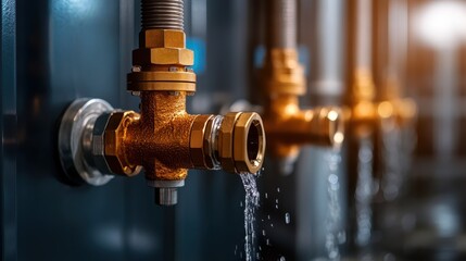 Detailed view of industrial pipes with water flowing continuously in a modern facility, showcasing the essence of functionality, engineering, and contemporary design.