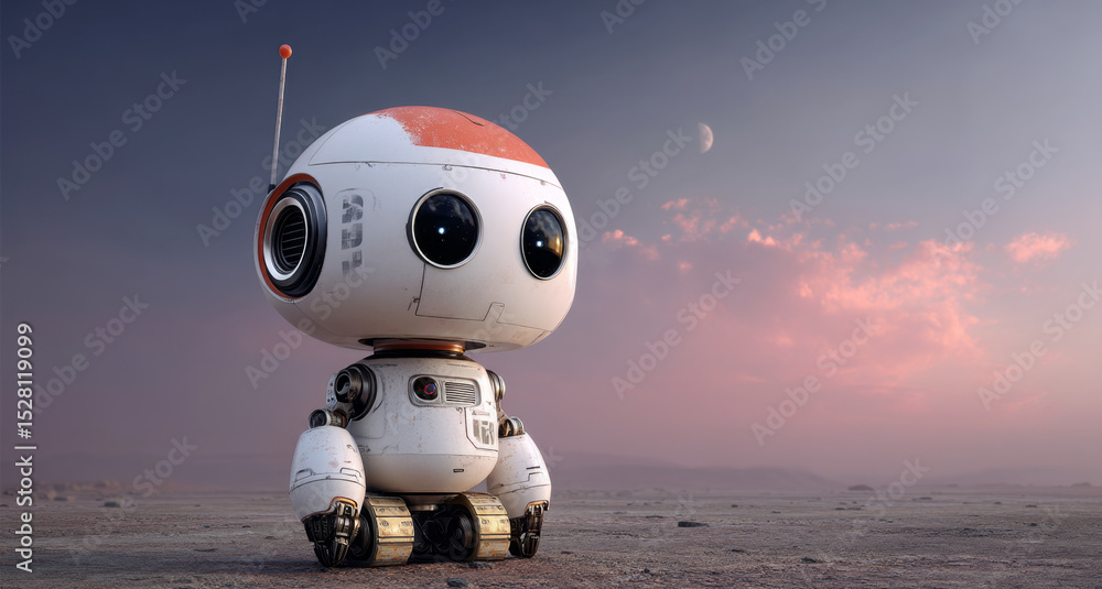 Poster A small robot with large expressive eyes navigates a desolate terrain on an unexplored planet.