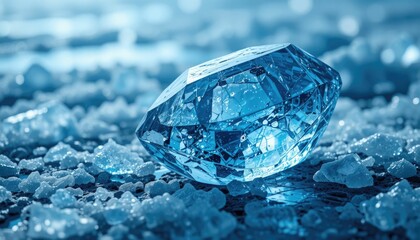 gemstone with an ice texture and a background of blue tones. chilly, icy, textured ice surface.