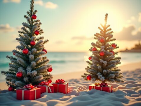 Christmas Tree with Gifts on a Sunlit Beach