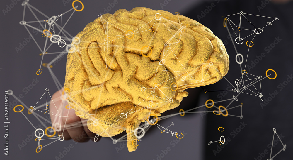 Aufkleber Abstract image of a golden brain with connecting lines, representing neural networks and cognitive processes.
