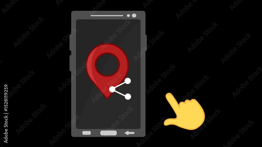 Poster video animation icon sharing location from mobile phone device, on a transparent background with alp
