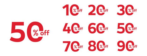 Set of number 10%, 20%, 30%, 40% 50% 60% 70%  percent discount tags Vector Isloated.