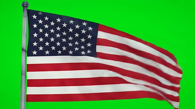 A realistic animation of the American flag waving gently on a flagpole, isolated on a bright green screen background for easy chroma key removal.