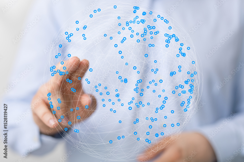 Poster Abstract image of a hand interacting with a digital globe, representing global network connection and data visualization.