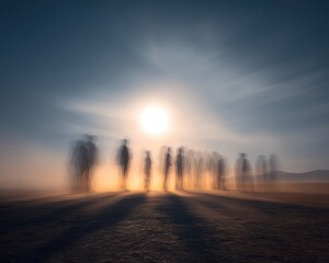 Obraz premium Ancestral Spirit Gathering during full moon in a desert, spiritual silhouettes performing ancient ritual, taken using long exposure with pro tripod setup