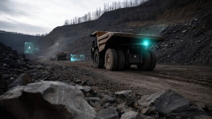 Fototapeta premium An autonomous haul truck navigating through rocky terrain with augmented reality tools providing critical data visualization for optimal route planning and safety.
