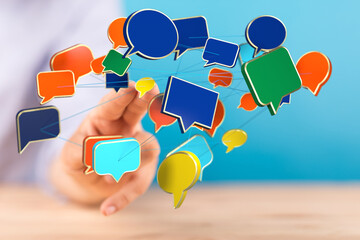 Colorful speech bubbles illustrate online communication and networking.
