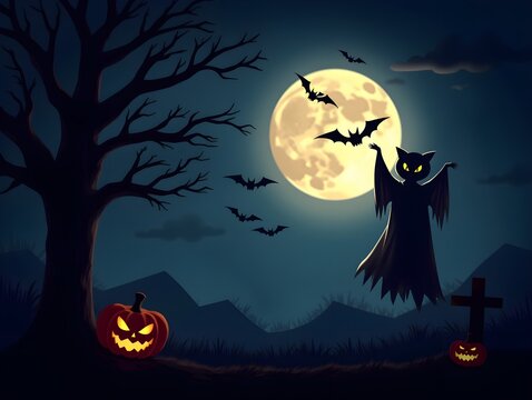 Halloween horror night with big ghost and bats flying on the sky big horror moon pumpkin cat tree and cross background illustration