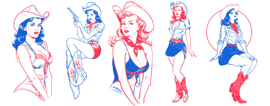 A set of vintage retro pin up style woman wearing western cowboy costume. line art illustration style
