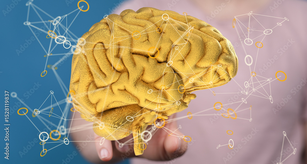 Aufkleber 3D golden brain model visualizing complex neural networks and intelligence.  Perfect for AI, technology concepts.