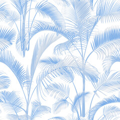 Seamless pattern with blue palm tree branches isolated on a white background. Desert and tropical houseplants. 
