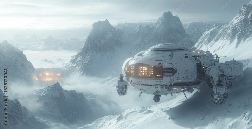 Poster a robotic explorer hovers above a frozen landscape on a distant planet. snow-capped mountains loom i