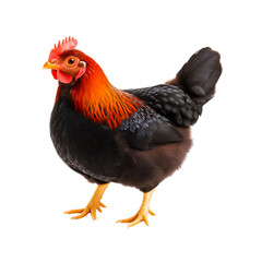 Fototapeta premium Colorful Chicken Standing on White Background with Detailed Feathers and Bright Eyes