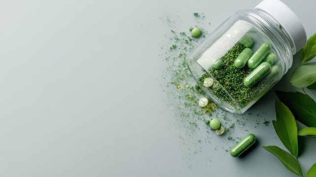 A collection of green capsules spilled from a jar, surrounded by natural elements representing health and wellness in a clean, minimalist setting for a fresh vibe.