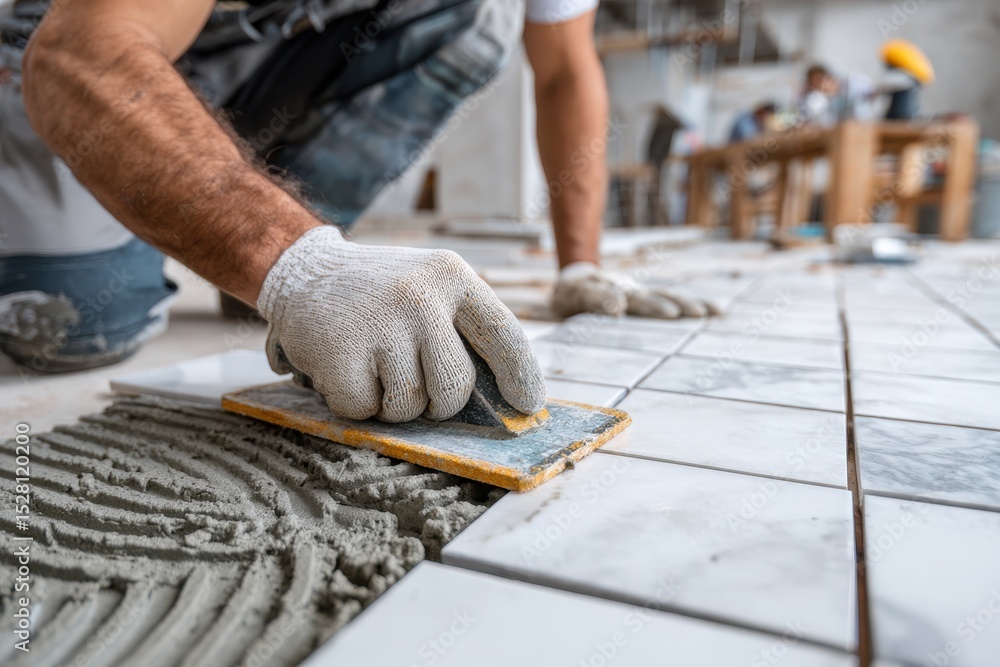 Aufkleber a close-up of a tiler applying tile adhesive with a trowel, preparing to lay marble tiles on a floor