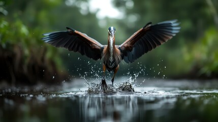 A stunning heron spreads its wings as it takes flight from the water's surface, creating mesmerizing splashes that emphasize nature's beauty and grace in its natural habitat.