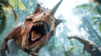 An exhilarating sight of a roaring dinosaur charging through dense prehistoric jungle, evoking a sense of power, fear, and adventure from a lost era of giants.