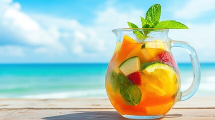 Refreshing summer drink with tropical fruits near the ocean shore
