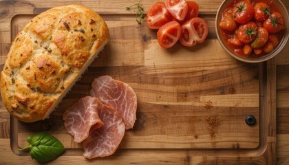 The top view of a wooden design board featured traditional Italian pinsa bread, prosciutto, and salsa di pomodoro with tomatoes and zucchini in tomato sauce.