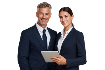 Portrait of a smiling business team using a digital tablet, representing teamwork and modern business