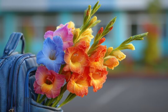A vibrant bouquet of gladiolus flowers in a blue backpack, creating a colorful and cheerful composition, perfect for a back-to-school celebration or a teacher's gift.