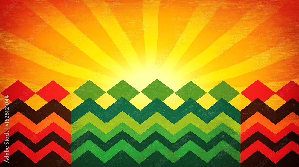 Poster abstract geometric composition with warm tone rays and zigzag patterns