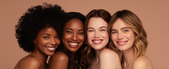 Fototapeta premium The diverse beauty of friendship among four smiling women on a neutral background.