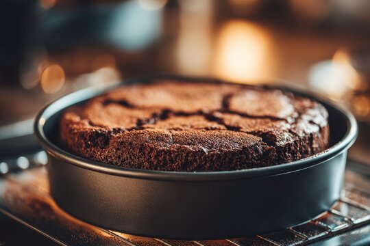 A freshly baked chocolate cake in a round pan, resting on a wire rack, showcasing its rich, moist texture and tempting appearance, ready to be served as a delicious dessert.