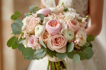 Obraz premium Close up shot of a beautiful wedding bouquet made of pink and white roses and fresh greenery, held by a bride wearing a white textured gown for a special day.