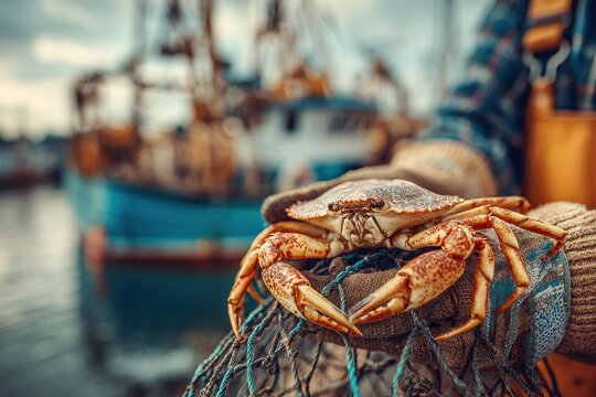 A vibrant close-up of a freshly caught crab, featuring its detailed texture and pattern, held by a fisherman with a blurred fishing boat in the background.