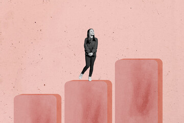 Collage of cheerful person standing on top of growing bar graph symbolizing business progress statistics positive success growth