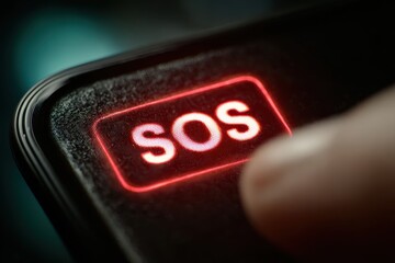 A close-up shot of an SOS emergency button with a red glow, symbolizing a distress call, asking for help and support in a critical situation, urgent assistance needed.